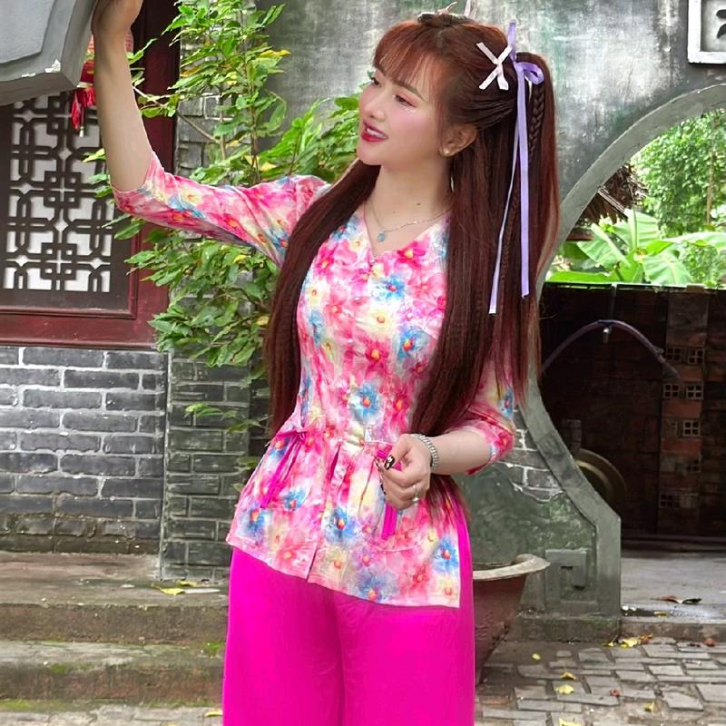 Sét bà ba nữ cách tân túi tiền đính nơ, áo gấm 2da in 4D - Áo nữ - Top, Women-Hoa lá,Chấm bi, Sen 1