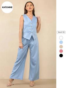 Two-Piece Set Women's Striped Print Button Front Crop Tank Top & Elastic Waist Flare Leg Pants Set, Elegant V Neck Sleeveless Top & High Waist Bell Bottom Trousers for Spring & Fall, Ladies Clothes