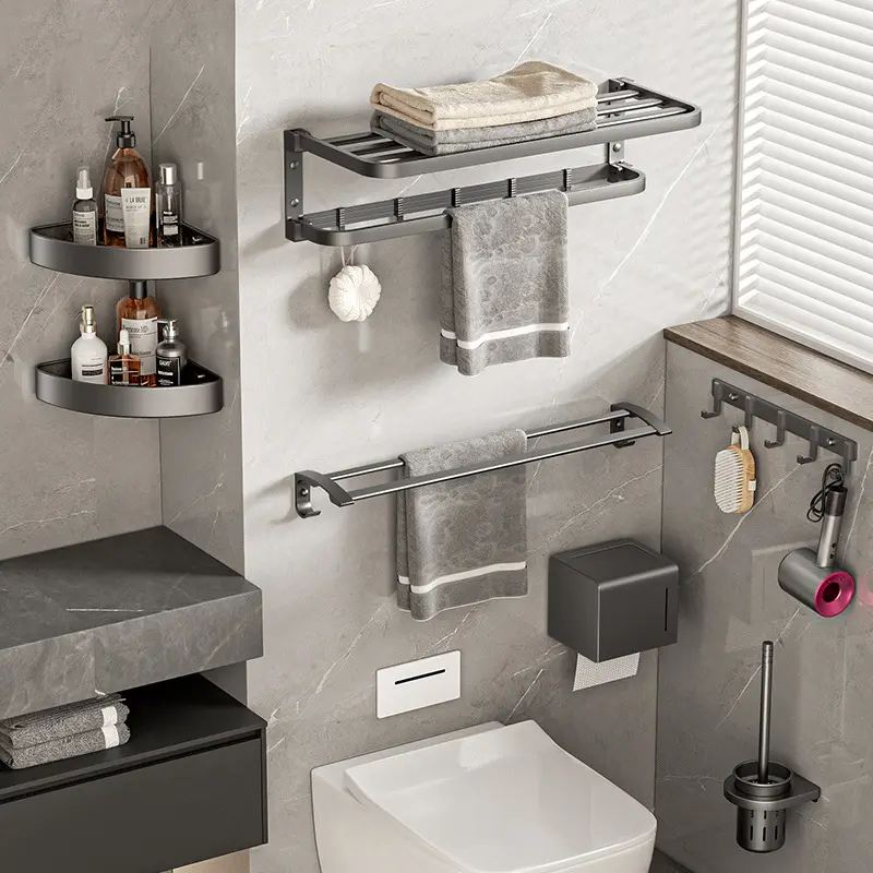 Bộ Phụ Kiện Phòng Tắm Cao Cấp Moluux, Kệ Để Khăn 2 Tầng, Thanh Vắt Khăn, Kệ Góc 2 Tầng, Thanh Vắt Khăn Đôi, Có Thể Dán Không Cần Khoan Tường