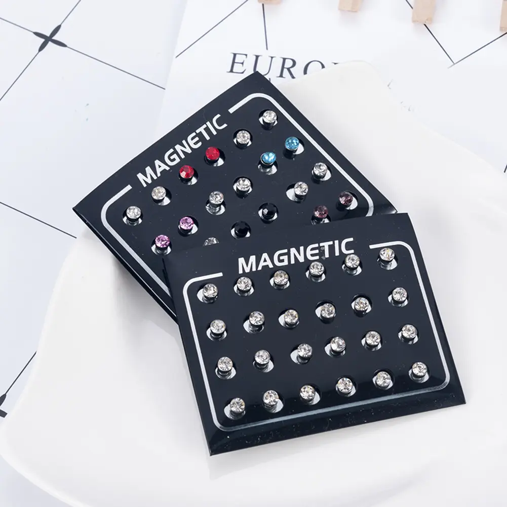 [Zrogixu]12Pairs/Set Unisex Rhinestone Inlaid Magnetic Stud Earrings Non Piercing Jewelry