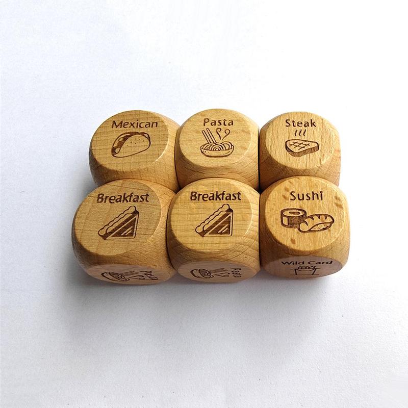 Product Introduction of Wooden Food Pattern Dice, 2 Counts Creative Party Table Game Dice, Gift for Girlfriend, Boyfriend, Wife, Husband, Food Lover, Party Supplies 7