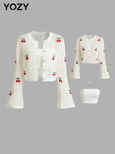 YOZY Boho Cherry Embroidery Cardigan & Basic Crop Tube Top/ Flounce Sleeve Button Front Knitwear & Sleeveless Tube Top, 2024 Women's Summer & Autumn Outfits for Daily Wear