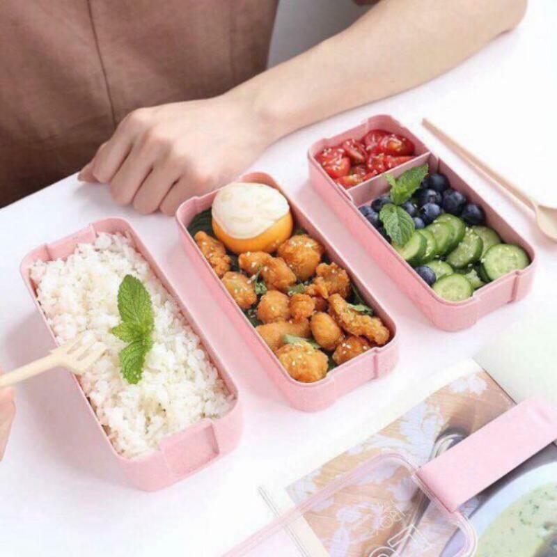 Hộp cơm 3 tầng lúa mạch giữ nhiệt dùng được lò vi sóng nhiệt độ cao 2