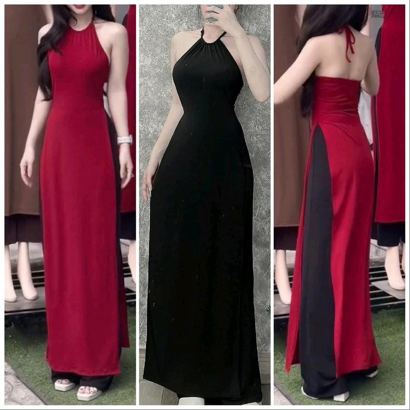 Sét áo dài cách tân cổ yếm cột dây hở lưng phối quần ống suông siêu kute chất thun nhập mềm mát  _  Nữ  Women Dress TH 01