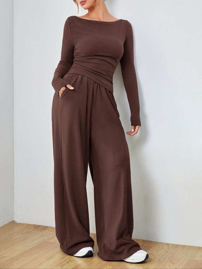 Product Introduction of Women's Solid Ruched Asymmetrical Tee & Elastic Waist Pocket Pants Two-piece Set, Casual Long Sleeve Boat Neck Top & Wide Leg Trousers for Spring & Fall, Tall Clothing Women, Gen Z Corporate Outfit, Winter Outfits, Rave 2 Piece Set,  Curve Fashion 17