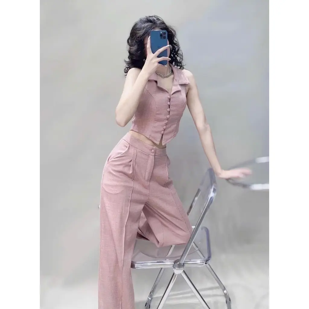 Bộ đồ nữ áo croptop nút bọc quần ống rộng D096 Women Jacket Voi