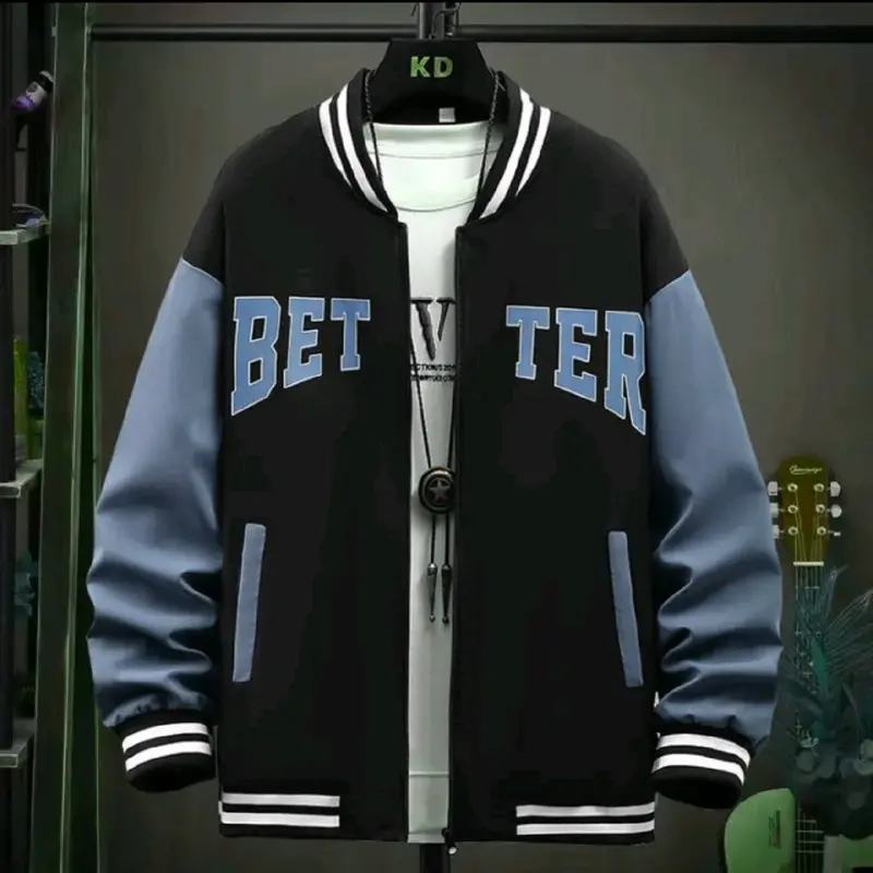 Jaket Varsity Jacket Baseball Better Hitam Mix Denim Bahan fleece tebal SIZE (S- 7XL) Bigsize 7XL 6XL 5XL 4XL 3XL 2XL XL L M S Musim panas Musim dingin Hitam Setrip Bomber Panjang Distro 2