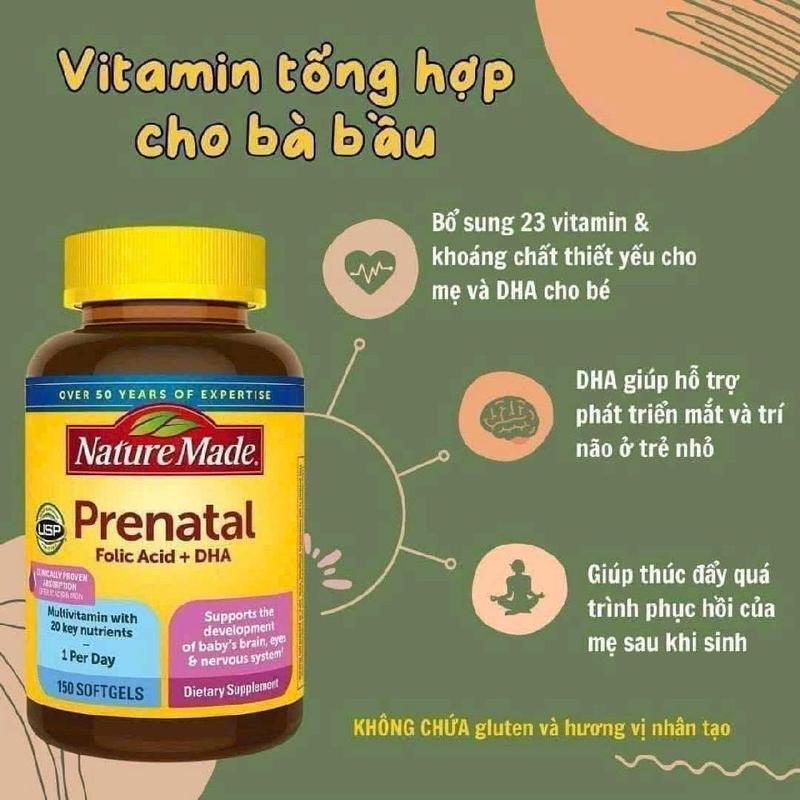 Viên uống tổng hợp Nature Made Prenatal Folic Acid + DHA Mỹ (150v) - DATE 2026 1