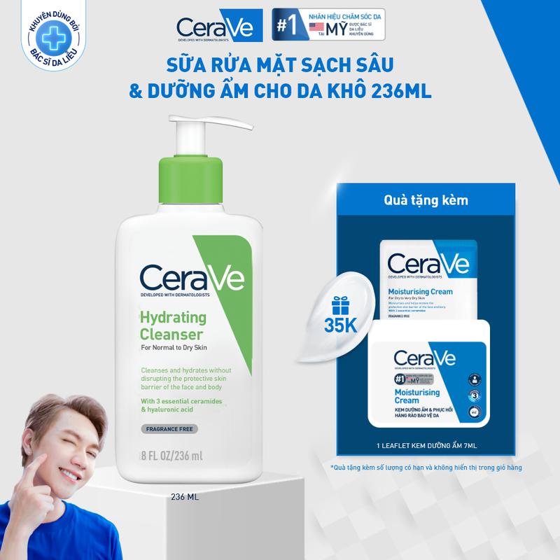 [Deal FlashSale] Sữa rửa mặt giúp làm sạch sâu dành cho da thường và da khô Cerave Hydrating Cleanser 236ML. Sữa rửa mặt dạng gel không tạo bọt làm sạch sâu dịu nhẹ và cung cấp độ ẩm cho da. Chăm sóc da_Sữa rửa mặt_Skincare cho Nam và Nữ