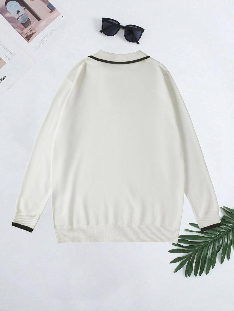 Product Introduction of Men's Contrast Binding Polo Neck Sweater, Regular Fit Casual Long Sleeve Jumper for Fall & Winter, Men's Knitwear for Daily Wear 7