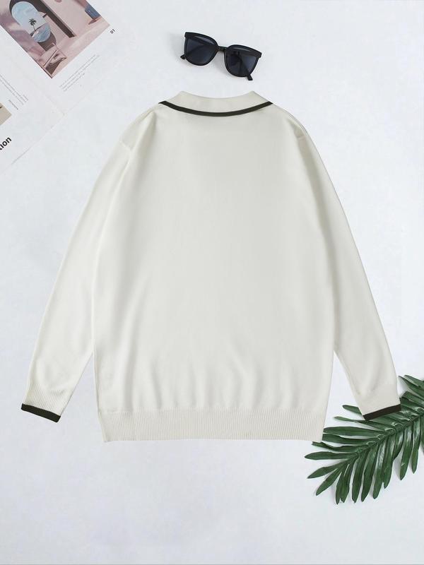 Men's Contrast Binding Polo Neck Sweater, Regular Fit Casual Long Sleeve Jumper for Fall & Winter, Men's Knitwear for Daily Wear 1