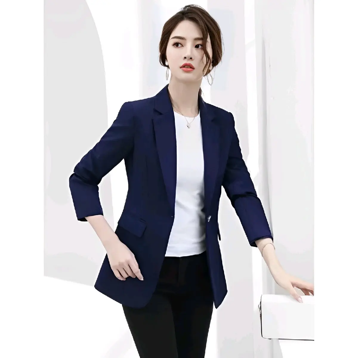Atasan wanita Jas Blazer Navy / Jas Kerja Wanita Navy Formal & Casual Polos Slim-fitting Kantor