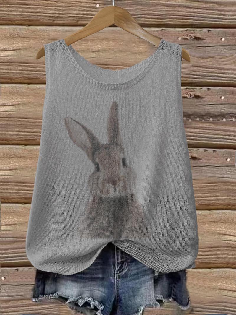 Product Introduction of Women's Cartoon Bunny Print Round Neck Sweater Vest, Casual Sleeveless Knit Top for Summer, Fashion Women's Knitwear for Daily Wear, Sweaters for Women 3