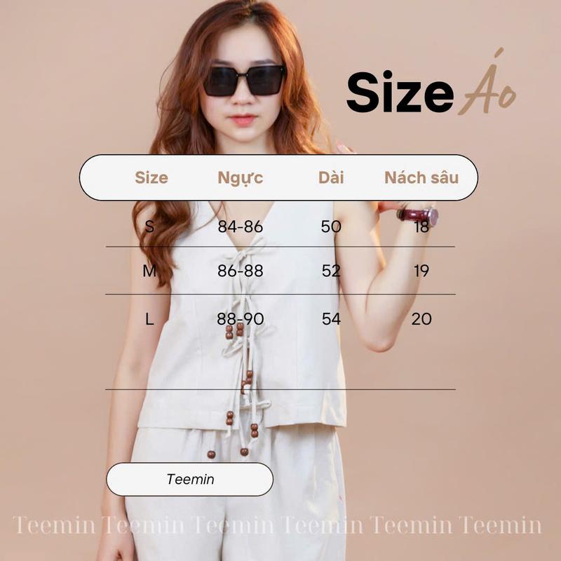 Product Introduction of Áo ghile thắt nơ đính hạt linen, quần đùi lưng chun chất linen dày dặn cao cấp TEEMIN 0