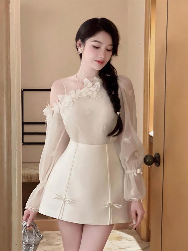 Set Áo Lệch Vai Chất Tơ Ánh Nhũ Viền Hoa Tay Loe Dài Viền Đính Nơ Mix Chân Váy Tafta Xoè Nhẹ Tiểu Thư KenvyStore Nữ Kem