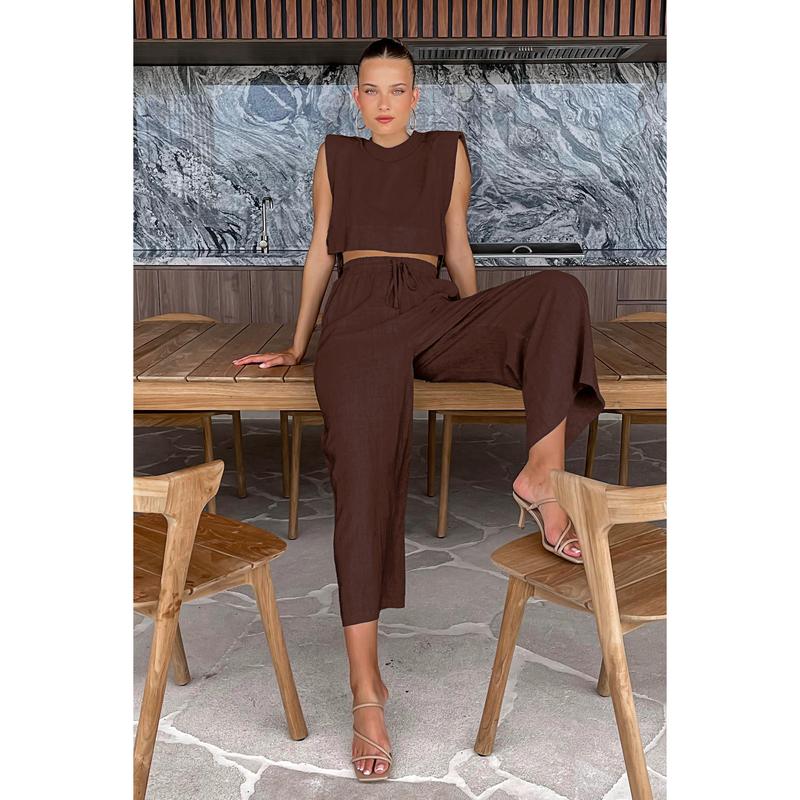 Fashion Cotton and Hemp Set Women's 2025 Summer New Style Shoulder Pads Sleeveless Top Pants Two Piece Set European and American Casual Womenswear Clothes 4
