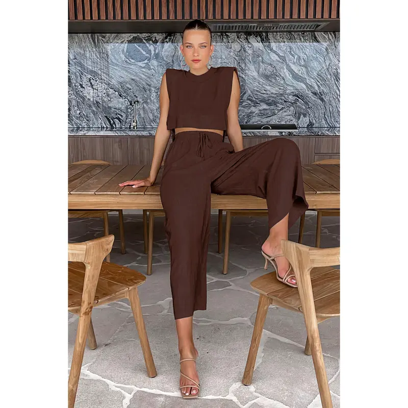 Fashion Cotton and Hemp Set Women's 2025 Summer New Style Shoulder Pads Sleeveless Top Pants Two Piece Set European and American Casual Womenswear Clothes 4