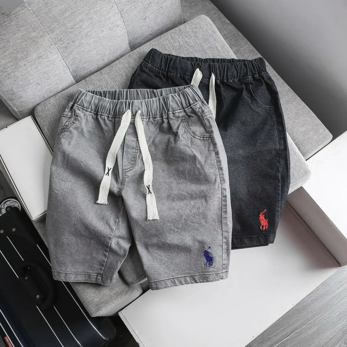 Quần sooc bò giấy RL thêu ngựa cho nam chất bò giấy mỏng mềm co giãn thoáng mát Denim Menswear Jean