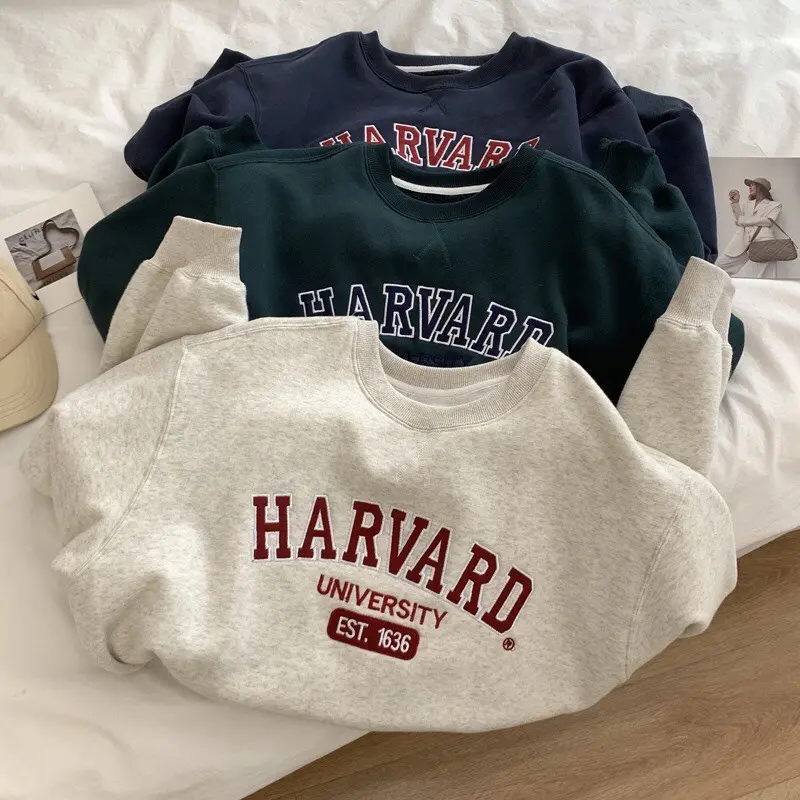 Áo sweater nỉ bông cotton form rộng unisex Nữ Women Top Hoodie Cổ Tròn Xám áo  hoodie dày dặn không mũ áo  hoodie