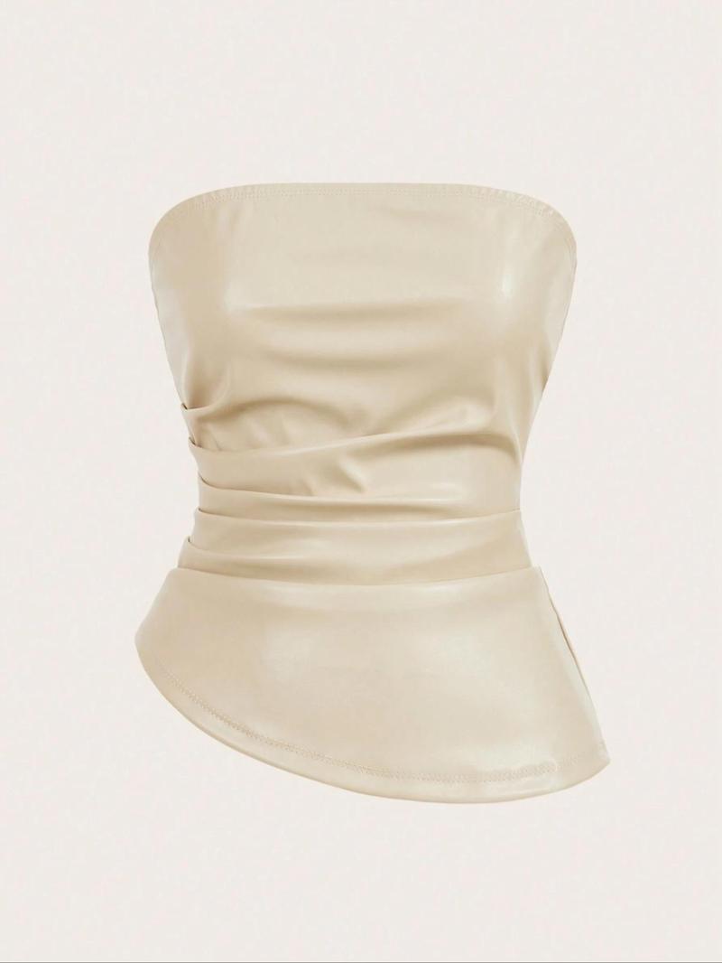 Product Introduction of Women's Solid Color PU Leather Tube Top, Fashionable Asymmetrical Hem Top for Daily Outdoor Wear, Ladies Clothes for Summer 7