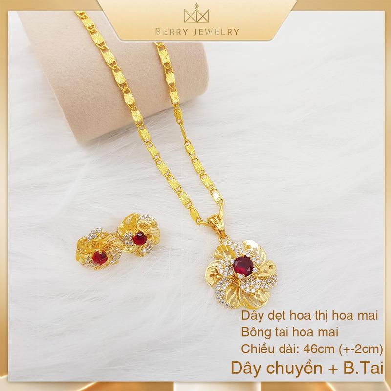 Set Dây Chuyền Nữ Kèm Bông Tai Trọn Bộ Dây Dẹt Hoa Thị To Kèm Mặt Hoa Mai Đính Đá Sang Trọng