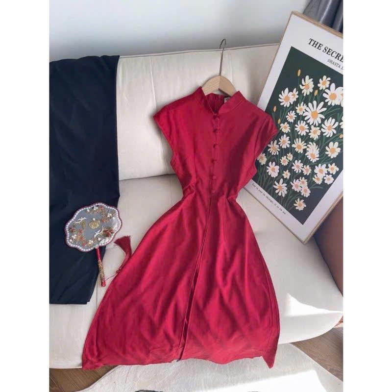 Set Áo Dài Đỏ Tay Cánh Cách Tân Xẻ Tà Giữa Chất Tuyết Nhung Dày Mịn Sang Trọng, Thiết Kế Độc Đáo Dành Riêng Cho Phái Đẹp Dưới 53kg Nữ Women Dress 8
