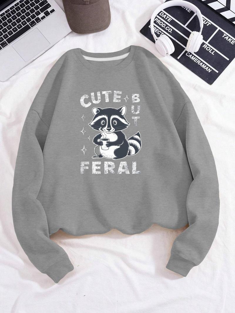 Product Introduction of Women's Coffee Cute But Feral Raccoon Graphic Print Crew Neck Sweatshirt, Casual Drop Shoulder Long Sleeve Pullover, Women's Fall & Winter Clothes 7