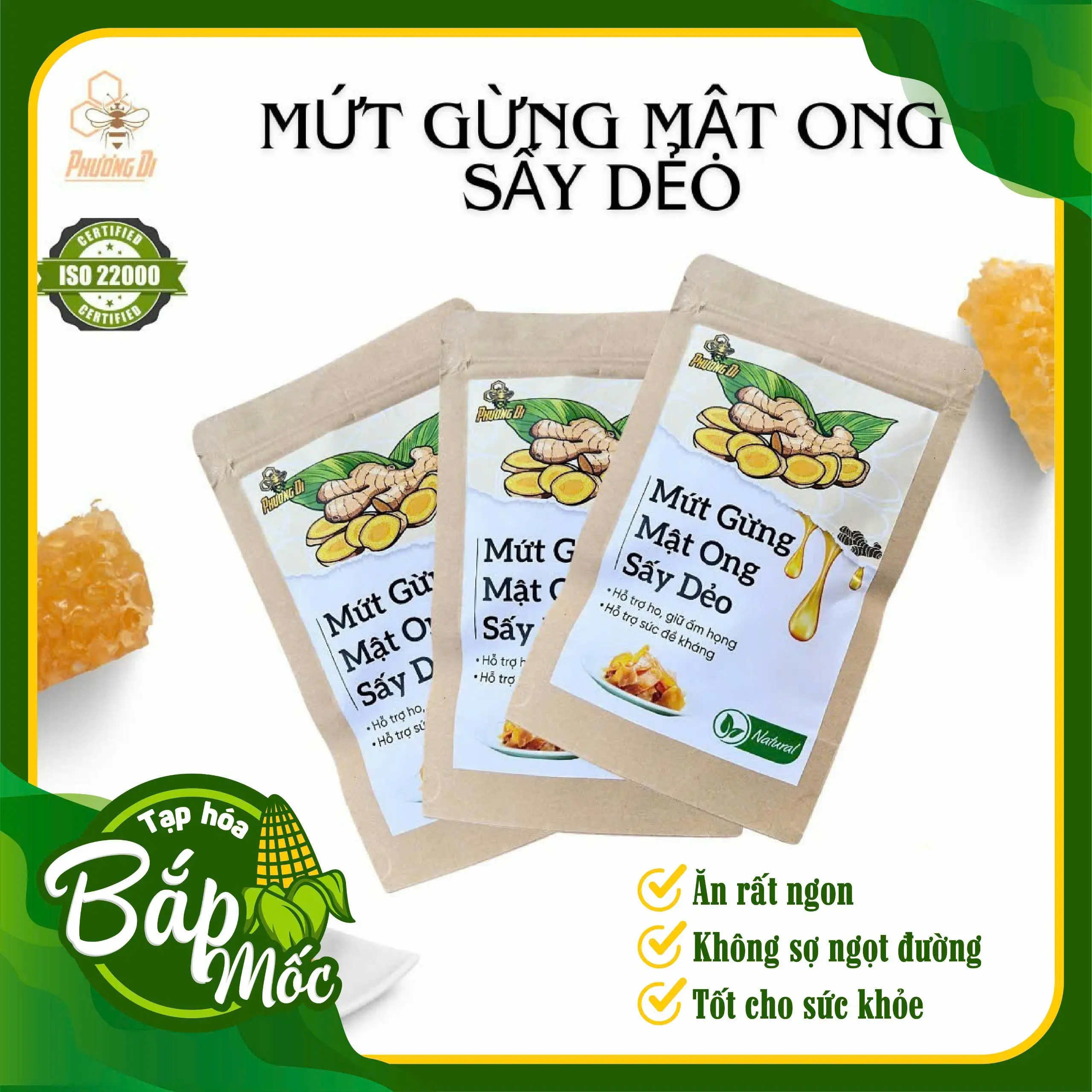 Combo 3 bịch mứt gừng sấy mật ong, tặng 1 chai mật ong 140g dùng thử