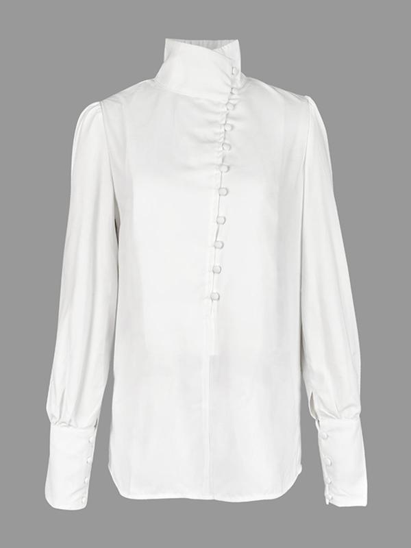 Women's Plain Button Front Puff Sleeve Blouse, Elegant Long Sleeve Stand Collar Top for Spring & Fall, Ladies Clothes for Daily Wear 4