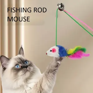(Harga 1 Biji) Fishing Rod Mouse Mainan Hewan Peliharaan Kucing Anjing Bahan Plush Termasuk Tongkat Lonceng dan Tikus Mainan Interaktif Kucing Kejar Tangkap