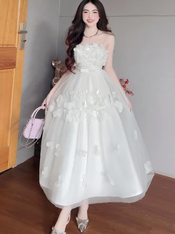 Đầm trắng đi tiệc bàn cô dâu A589 kiểu 2 dây cúp vòng 1 form xòe dài phủ chân chất tafta phối lưới mix hoa laser có đệm mút freesize KimHoa77 Nữ Kem Váy Cưới Áo Cưới Dress Women