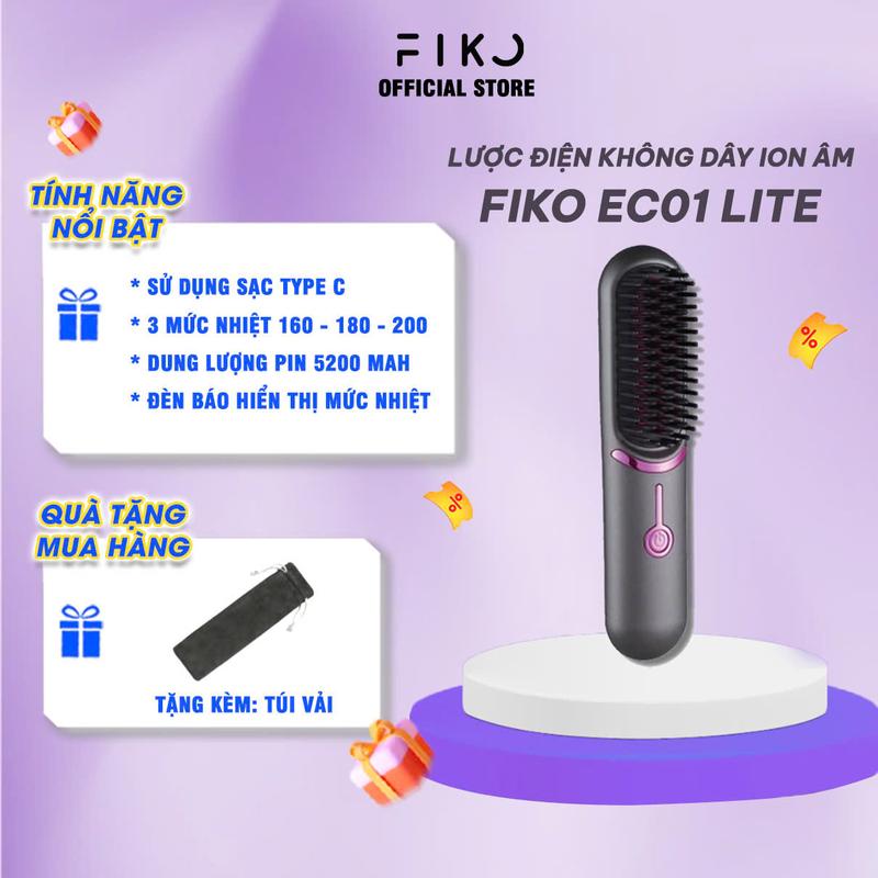 Lược điện không dây ion âm FIKO EC01 LITE (bản rút gọn) - Tặng kèm túi vải - Chăm sóc tóc suôn mượt, tạo kiểu - Bảo hành 12 tháng