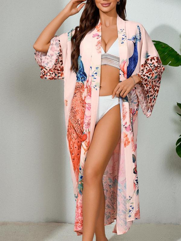 [Plus Size] Peacock & Floral Print Belted Wrap Kimono Cardigan, Casual Boho Three Quarter Length Sleeve Split Hem Kimono Cardigan, Women's Summer Swimwear for Beach Holiday Vacation 1