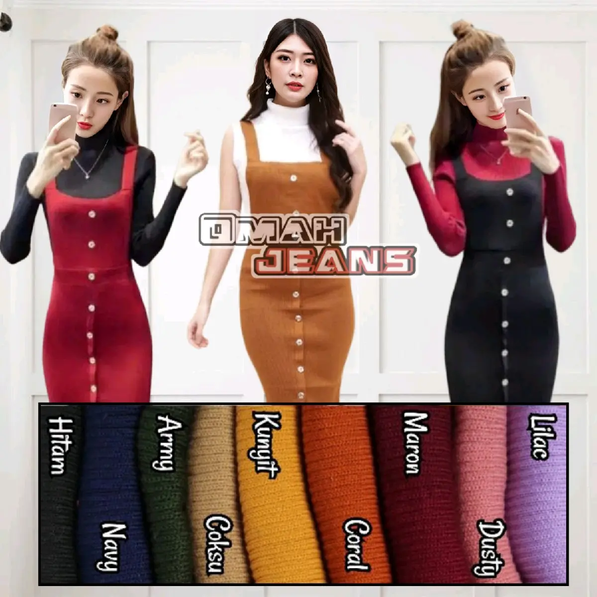 Overalls rok rajut  variasi kancing depan Gaun casual santai elegan oversize Wanita panjang sekitar lutut Brown