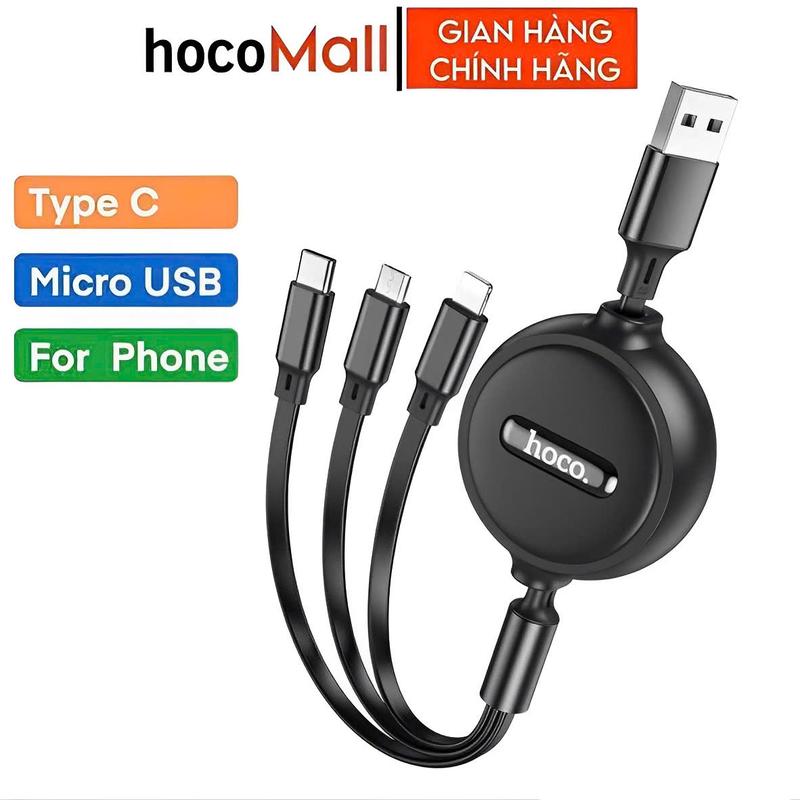 Dây sạc 3 trong 1 dây rút chính hãng Hoco cáp sạc 3 đầu usb to type c micro lP điều chỉnh độ dài dùng cho lP samsung xiaomi...