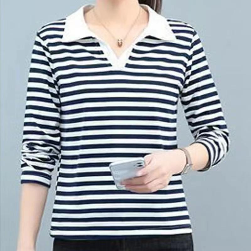 Product Introduction of Youthful Turn-down Collar T-shirt Striped Slim Fit Women Spring Autumn 2024 New Age-reducing Polo Collar Long Sleeve T-shirt 7