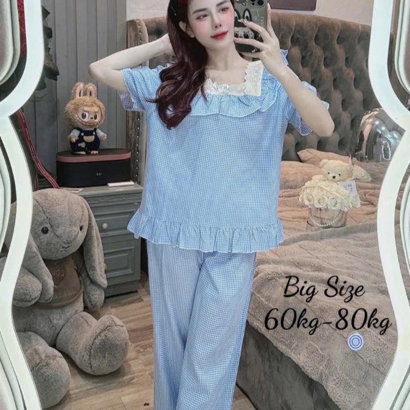 Bigsize 50/75 kg đũi sọc caro tiểu thư cổ vuông viền ren mặc nhà thoáng mát Women Nữ 2