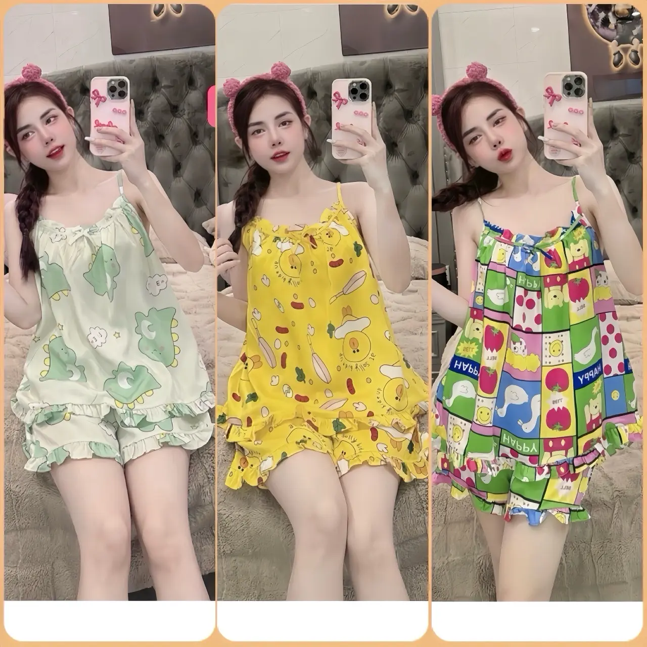 Từ 40- 63 Ký; Bộ Ngủ 2 Dây Quần Đùi Lai Bèo Áo Xếp Ly Lai Bèo Gắn Nơ Lụa Ngọc Trai Cao Cấp Quần Ngủ- Buộc tóc Hoa Sứ