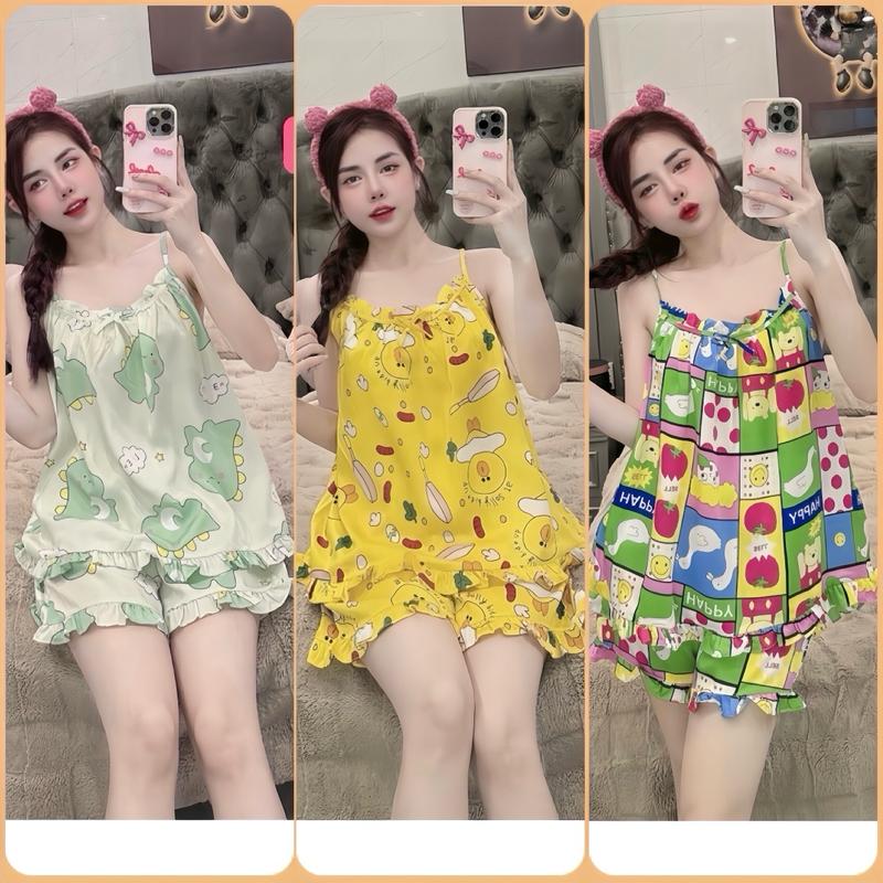  99k; Từ 40- 63 Ký; Bộ Ngủ 2 Dây Quần Đùi Lai Bèo Áo Xếp Ly Lai Bèo Gắn Nơ Lụa Ngọc Trai Cao Cấp Quần Ngủ- Buộc tóc Hoa Sứ 