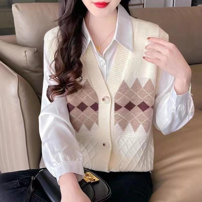 Áo len gile nữ họa tiết thổ cẩm len dệt kim Quảng Châu mềm mịn co giãn mặc mùa thu đông mã VAA0461