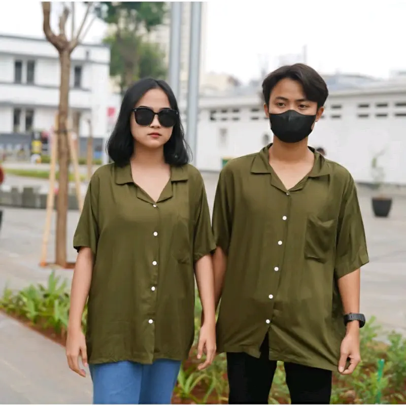 KEMEJA HAWAI POLOS UNISEX LENGAN PENDEK Cowok Fit Tangan Pria Panjang Casual Basic 3