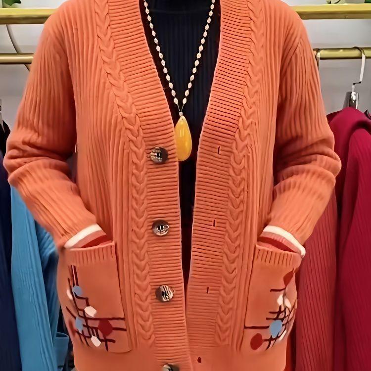 Áo Cardigan Len Vòng Tròn, Túi Đôi, Áo Khoác Lót Mặc Cho Mẹ, Áo Trên, Phổ Biến, Cao Cấp, Dáng Rộng Vừa Vặn, Áo Phong Cách Phương Tây, Năm 2024