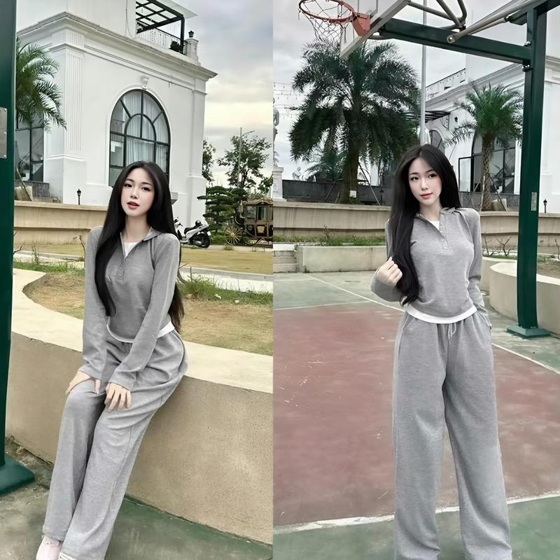 Set Đồ Nữ Chất Thun Tăm Phối Áo Mũ Thiết Kế Nhún Eo Mix Quần Dài Cạp Chun Girl Phố Sành Điệu sét 02 Women Top