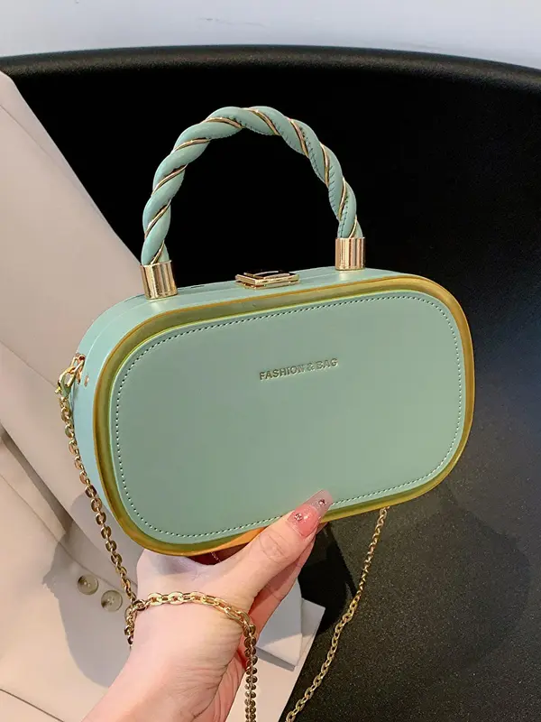 Women's Fashion Buckle Twist Decor Top Handle Chain Strap Crossbody Bag, Simple Letter Detail Metallic Trim Design All-match Box Bag, PU Leather Satchel, Unique Bags, Everyday Bags, Purse Women, Unique Gifts for Women 2