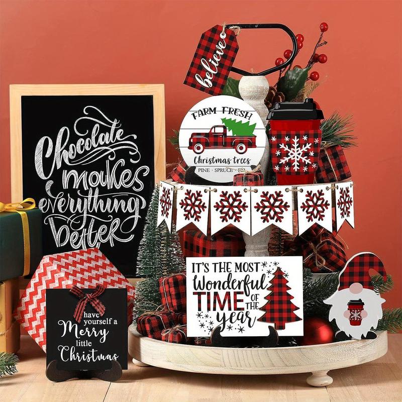 Product Introduction of Christmas Themed Tiered Tray Decoration, Wooden Sign with Banner & Gift Box & Truck & Gnome Doll, Desktop Decoration for Home Party Festival, Ornaments 0