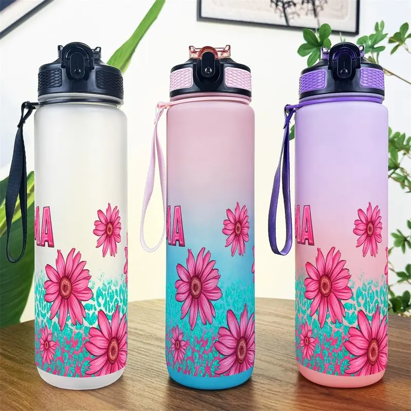 32oz Water Bottle, 1 Count Floral Pattern Sports Water Bottle with Time Marker, Outdoor Durable Large Capacity Hiking Water Bottle 5