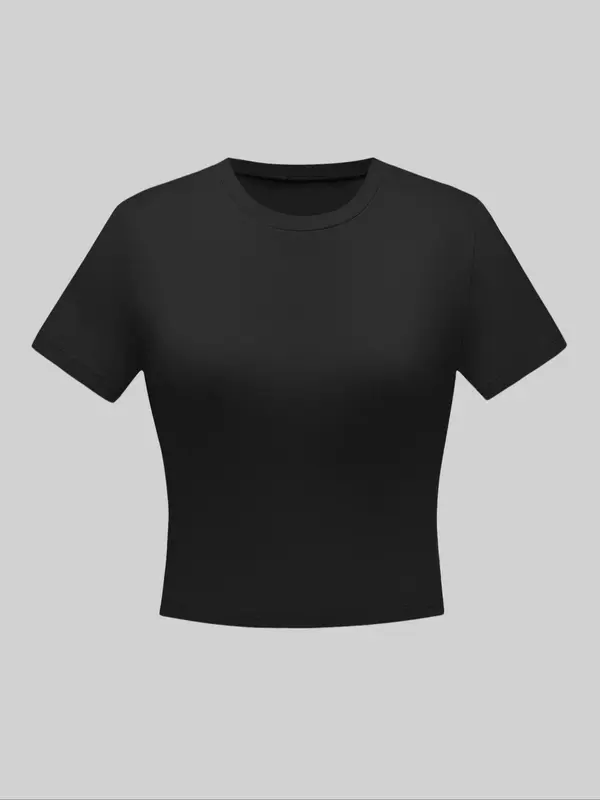 Women's Plain Round Neck Baby Tee, Casual Elegant Short Sleeve T-shirt, T Shirts for Women, Ladies Summer Clothes for Daily Wear, Summer Tops, Womenswear, Tshirt Everyday 8