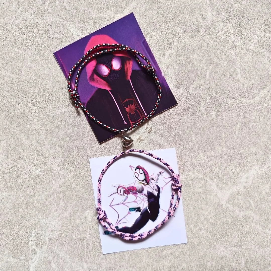 Gelang Miles Morales Gwen Stacy Couple Magnet Bracelet Black Pink Merah Hitam Spiderman Spider Verse Hits Kekinian Persahabatan Free Sticker BFF Korean Rope