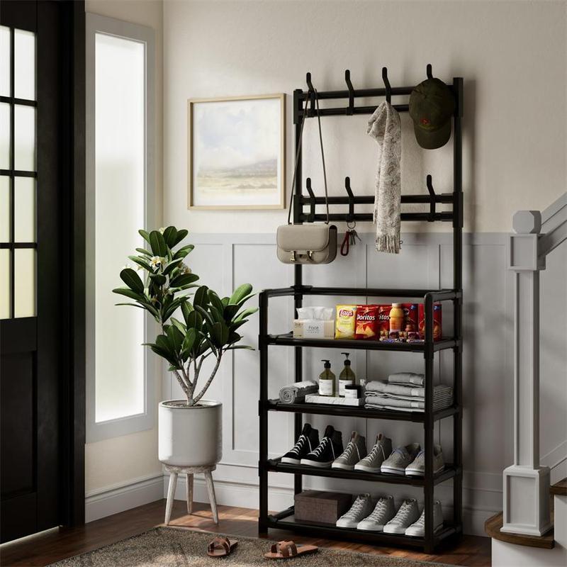 Shoe Rack with 8 Hooks, 1 Count 4/5 Layers Storage Rack, Multifunctional Storage Organizer for Living Room, Bedroom and Home Office 7