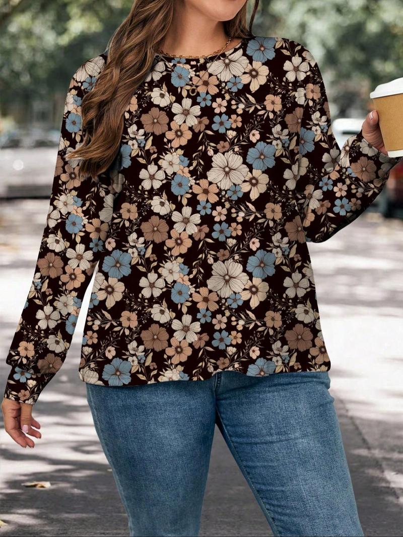 Product Introduction of 【Plus Size】 Floral Print Round Neck Tee, Casual Long Sleeve T-shirt for Daily Wear, Women Plus Clothing for Spring 4